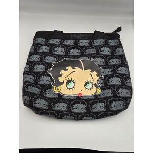 Betty Boop Tote Bag Black Canvas Large Graphic Print Zipper Top Shoulder‎ Bag